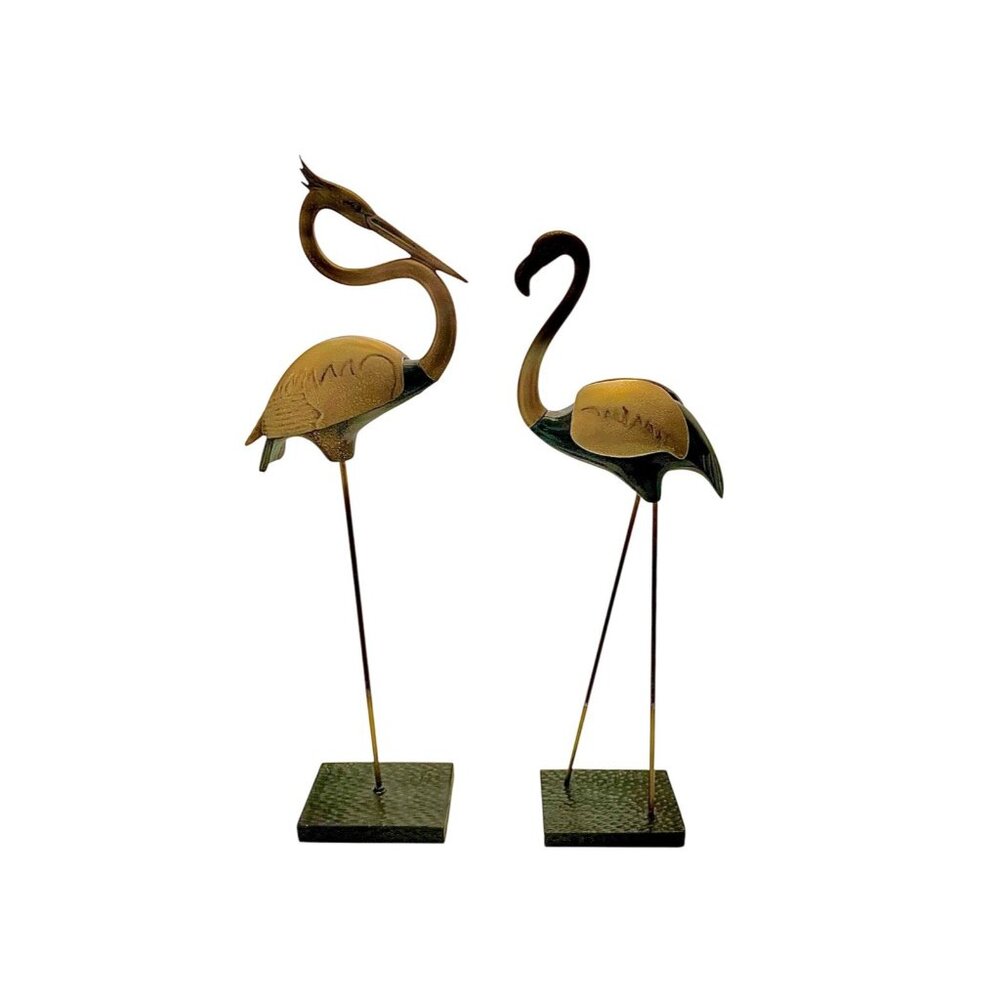 Crane Bird Pair Vintage Metal And Resin Tall Statues Coastal Home Decor